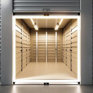 Lit open storage unit with beige walls and ceiling. The interior is empty, showing lines of fluorescent lights on the ceiling and a clean floor. The unit number "2013" is visible above the entrance.