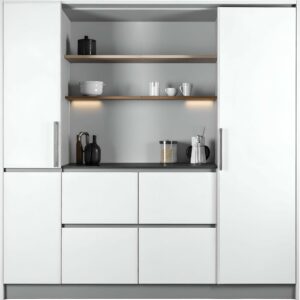Minimalist modern kitchen setup with white cabinets, black countertop, open shelves holding black and white dishes, cups, a jar, and kitchen utensils. Subtle under-shelf lighting highlights the workspace.